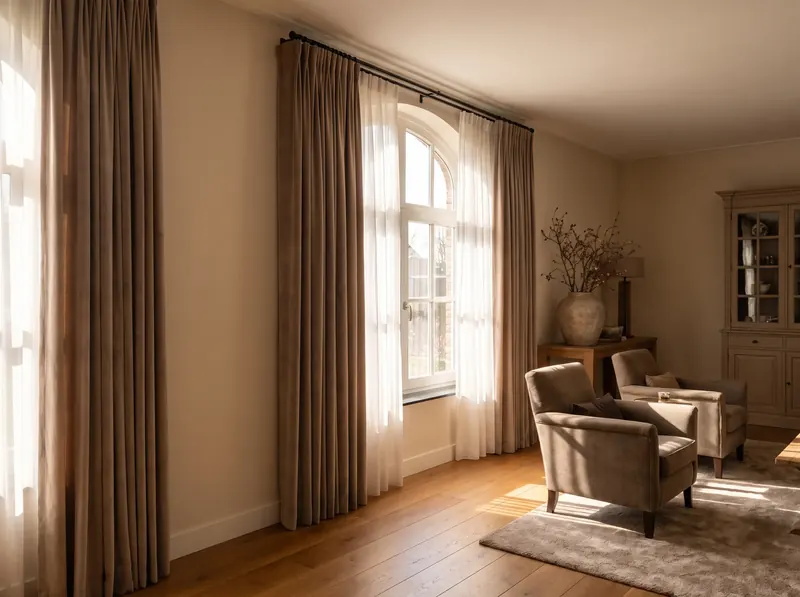 Lange linnen overgordijnen voor een hoog raam in de woonkamer