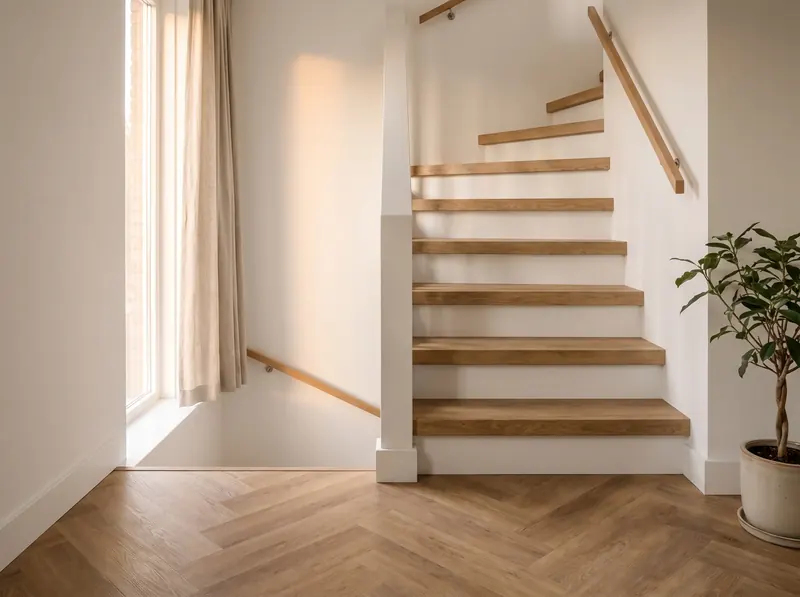 Trap met treden in houtlook en witte stootborden